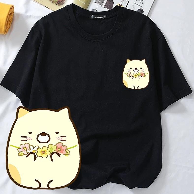 【E-KU】100% katun  Kaos Wanita Pola Kartun Sumikko Gurashi Kucing Kaos Harajuku Wanita Kaos Kartun Wa