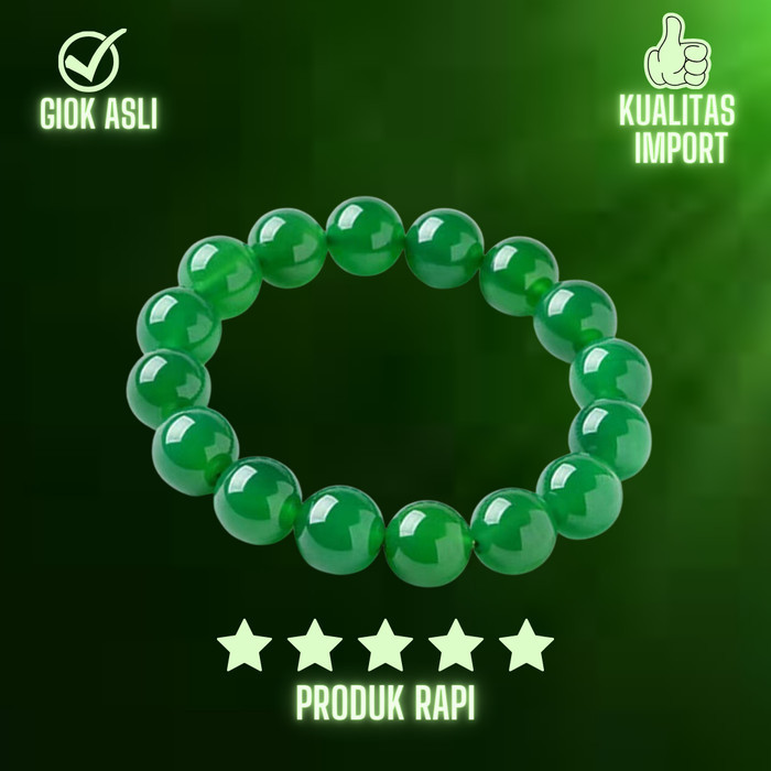 Gelang Batu Giok Asli China Sertifikat - Gelang Giok Pria Wanita Hijau - 10mm