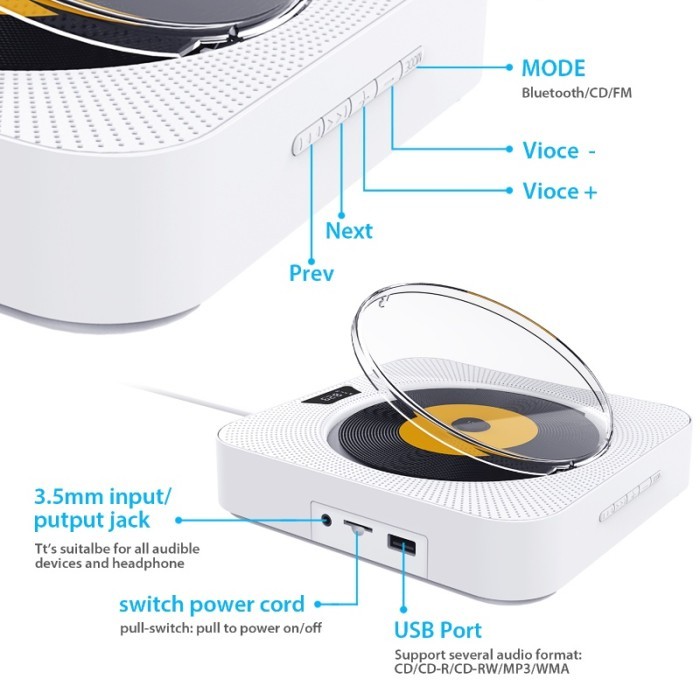 Portable CD Player Bluetooth Mountable Wall DVD Player Pemutar CD DVD - Putih