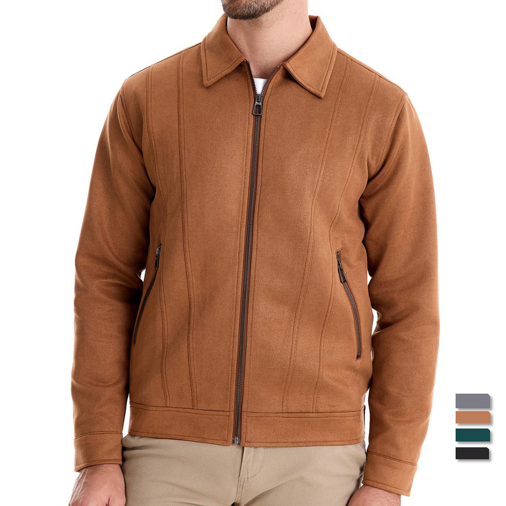 AIOPESON Mens Brown Suede Turn Down Collar Jacket Casual Business Faux Leather Trucker Jackets Coat 