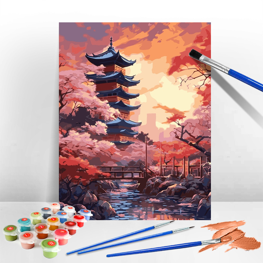 

Handpainted Oil Painting Temple Tree Picture Artcraft on Canvas Painting by Numbers Scenery Craft Kit Japanese Style Home Decor