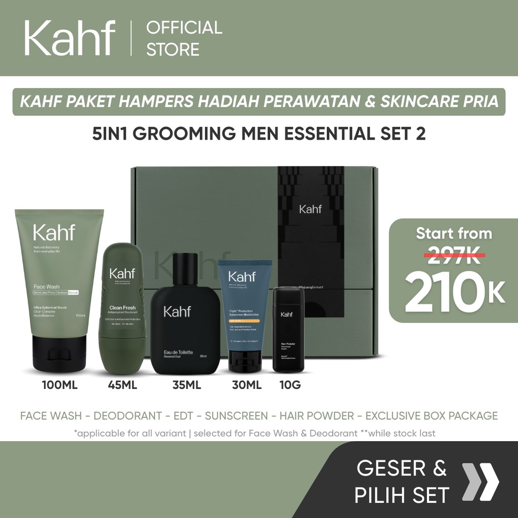 [FREE EXCLUSIVE BOX FOR GIFT] Kahf 5in1 Grooming Men Essential Set 2 (Face Wash, Sunscreen, Hair Pow