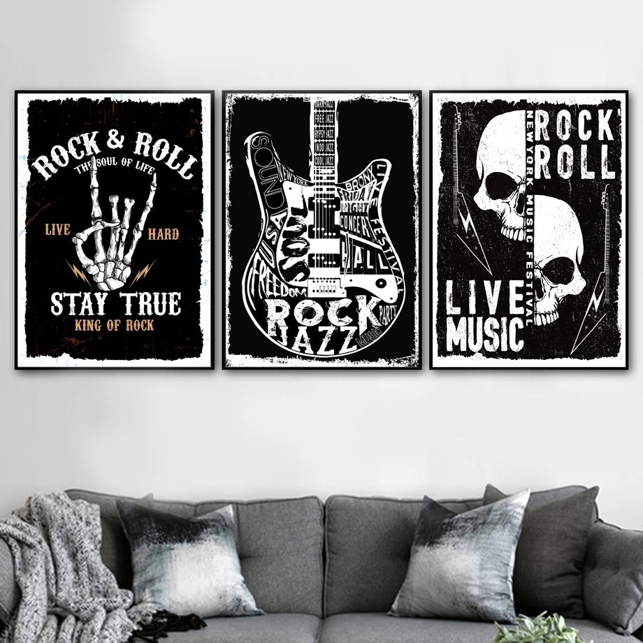 

Rock and Roll Live Music Guitar Vintage Canvas Painting Nordic Poster and Prints Wall Art Pictures Night Club Bar Home Decor