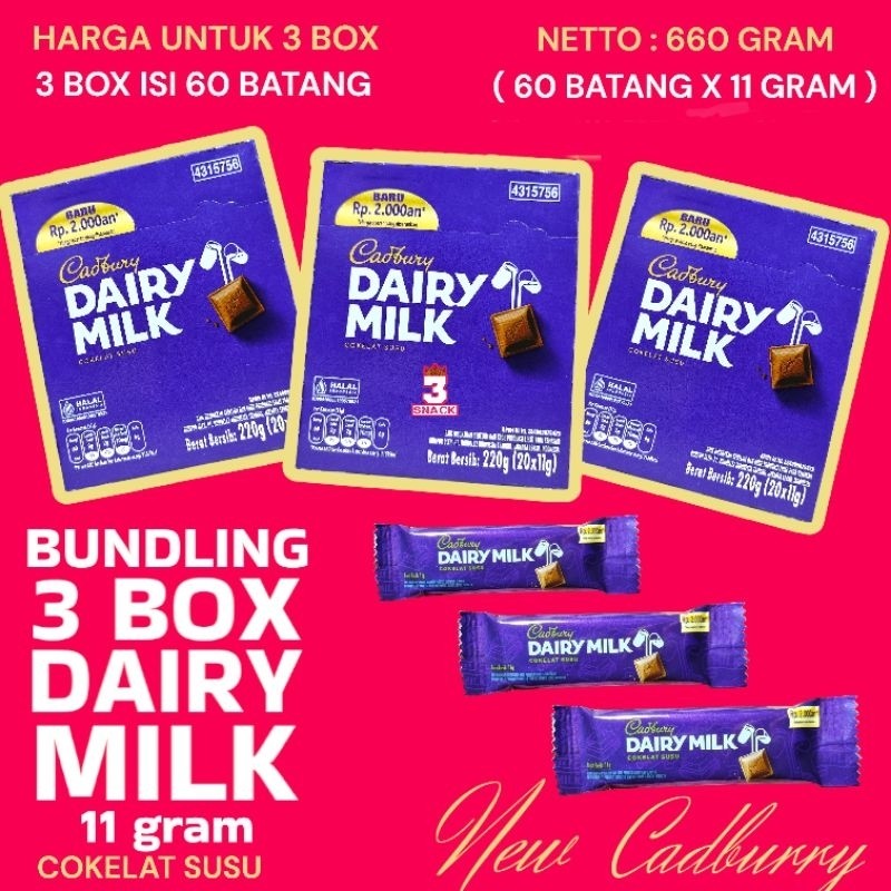 

CADBURRY DAIRY MILK 11 GRAM ISI 20 BATANG & ISI 60 BATANG