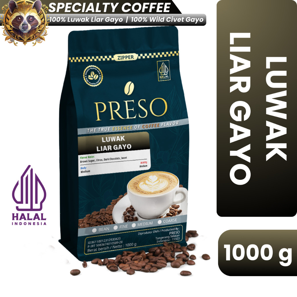 

PRESO Kopi Specialty Luwak Liar Gayo/Wild Civet Gayo Coffee 1000 gram