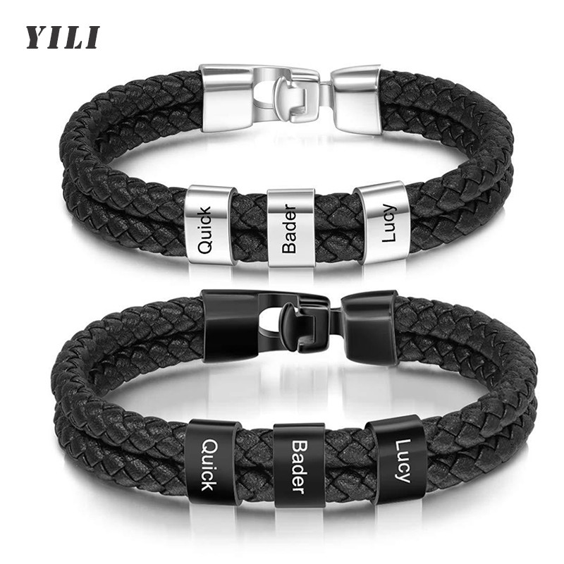 

Custom Family Names Beads Bracelet Men Personalized Engraved Bracelets Black Leather Stainless Steel Bracelet Father's Day gift