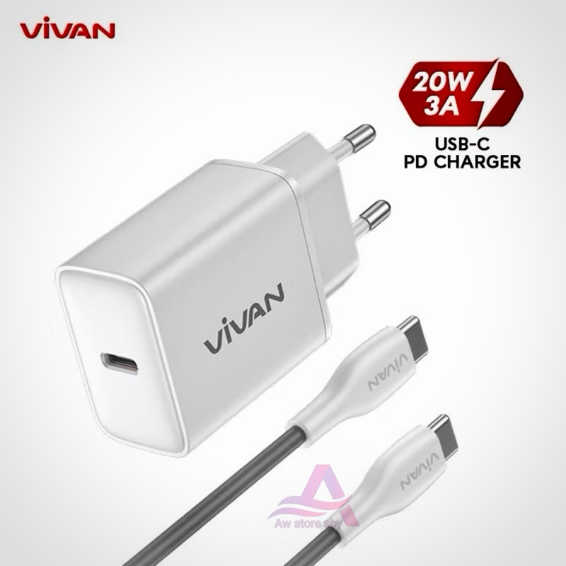 Vivan Power Adapter Charger 20W Usb Type C To Type C/ Usb-C To Lightning/ iPhone PD Super Fast Charg