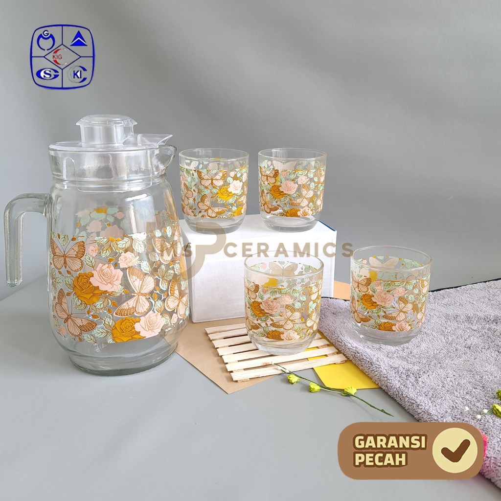 KIG  1 SET Drink Teko Set KATERINA Pitcher Set Beling Jug Drink Set 4 Gelas + 1 Teko KATERINA PINK M