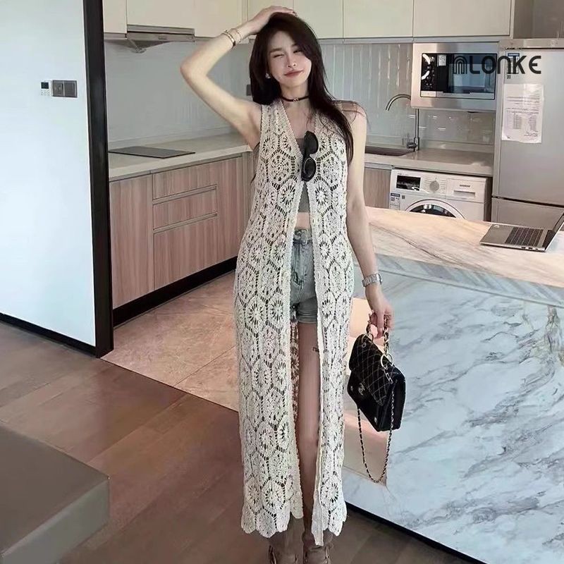 NLONKE - Cardigan Panjang Wanita Retro Cardigan Rajut Korea