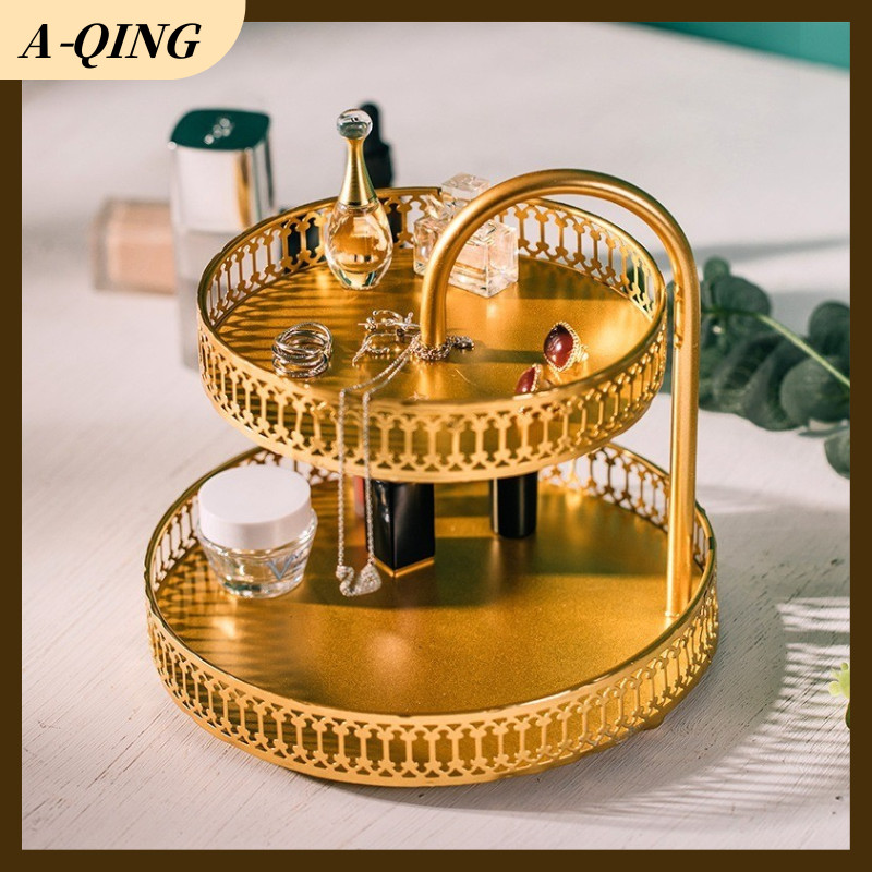 Emas Piring Susun 2 Tingkat Kue Anti Karat Piring Saji Kue Tingkat Buah /Baki Rak Baki Buah Baki Ema