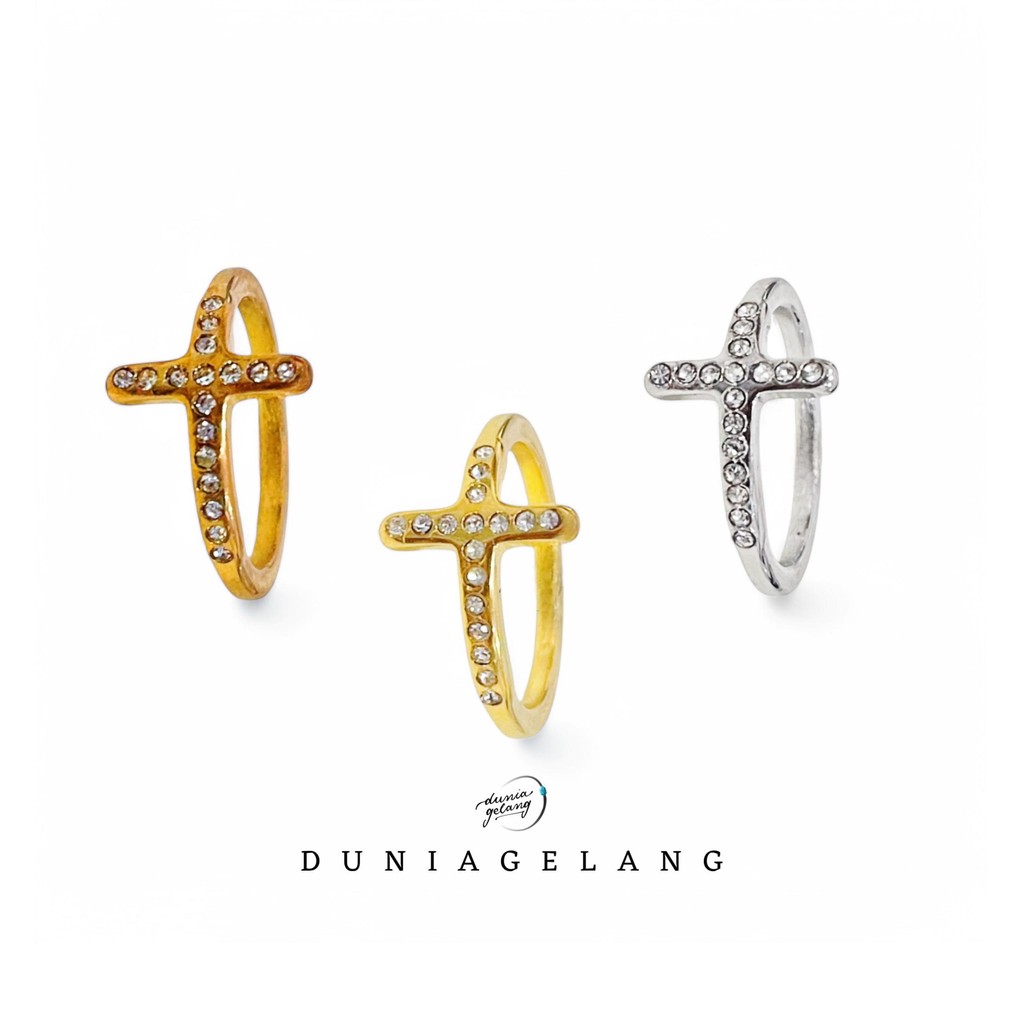 Cincin Salib Permata Titanium Silver Rose Gold Ring Wanita Anti Karat Anti Luntur