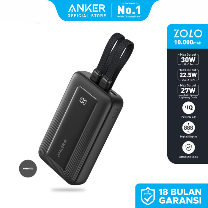 Anker Zolo Power Bank 10.000mAh 30W Max Fast  MFi Certified Lightning Cables - A1680