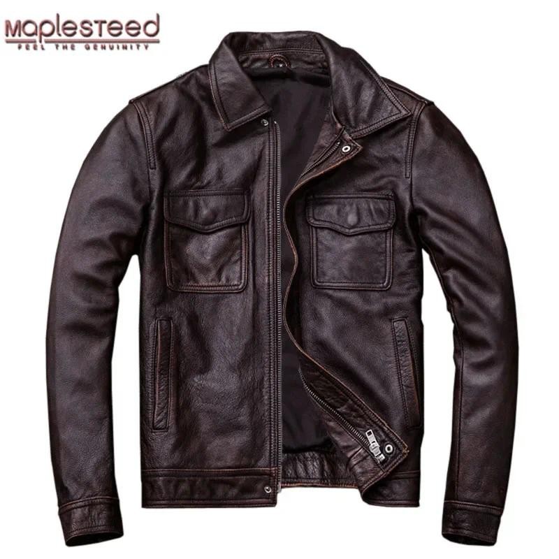 Vintage Genuine Leather Jacket Men 100% Cowhide Red Brown Black Natural Leather Jackets Man Leather 