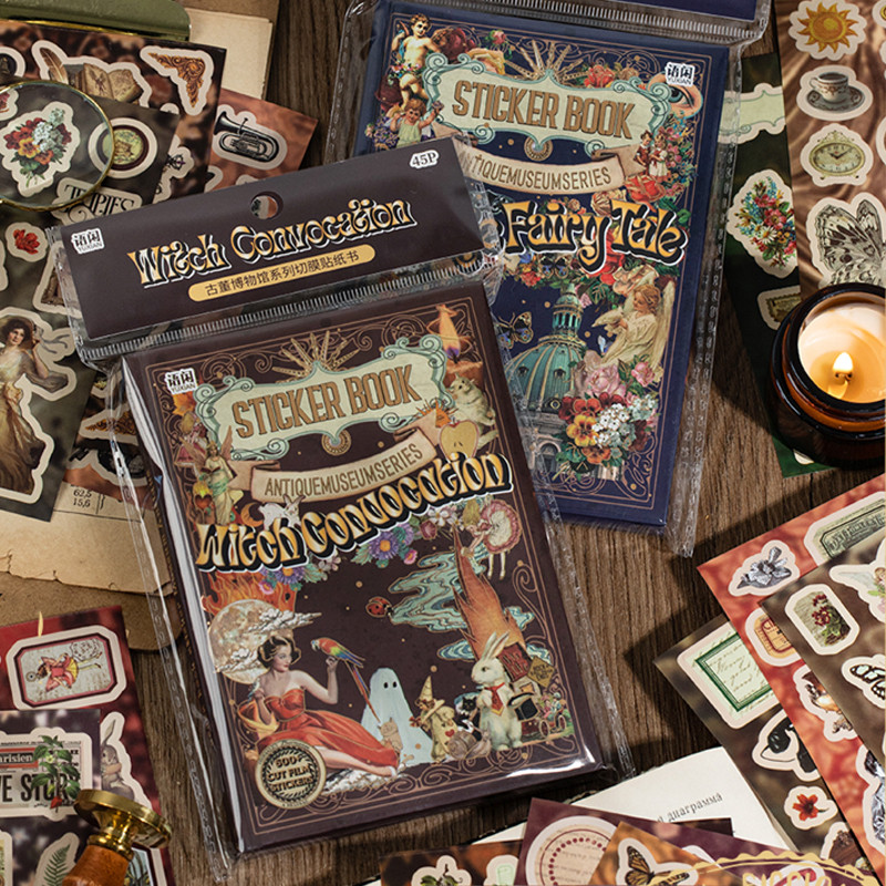 

2Style 45Sheets/book Retro Style Antique Museum Series Cut Film Sticker Book DIY Handbook Creative Material Decoration