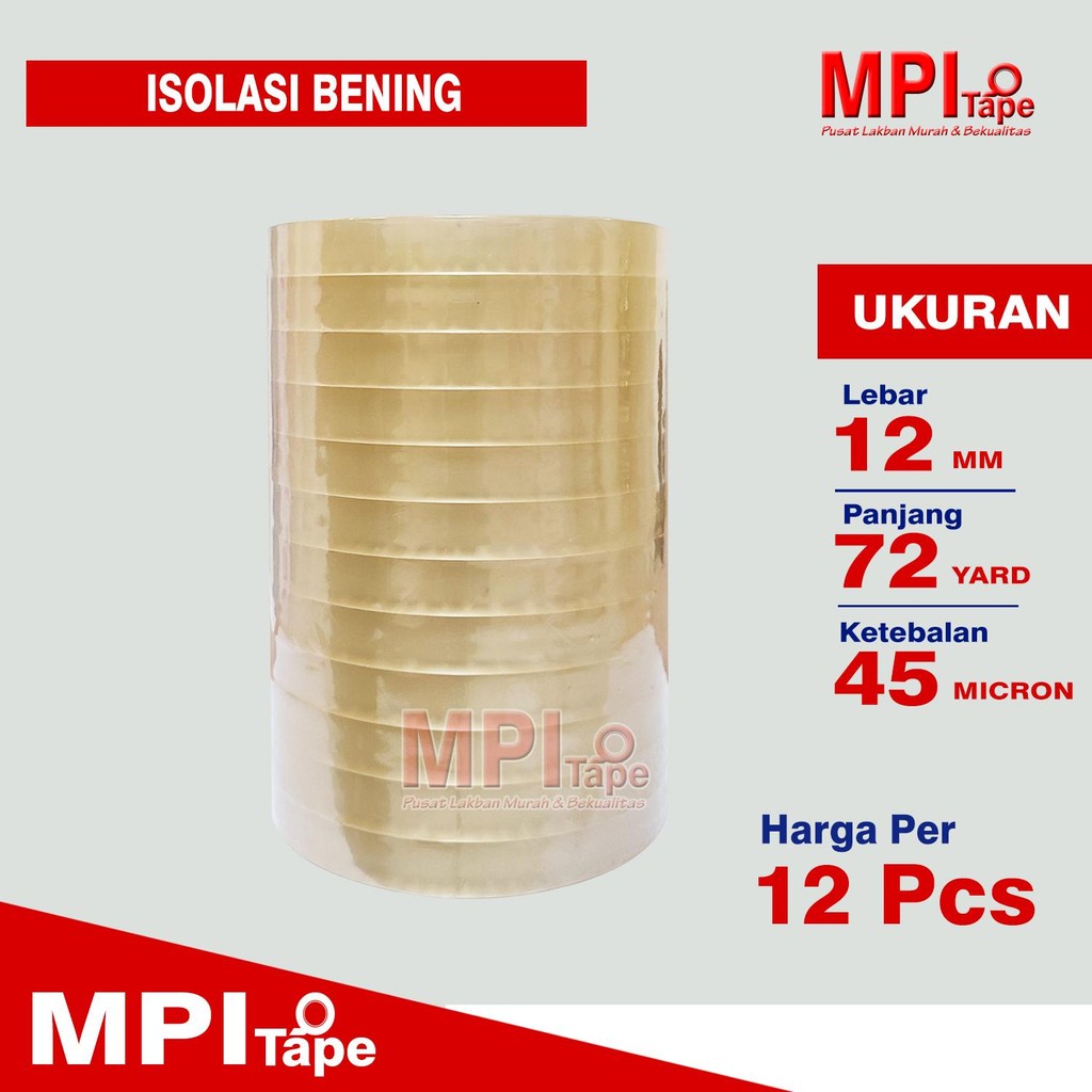 

1 Lusin / 12 Pcs - Lakban Isolasi 12 mm x 72 Meter - Selotip Kecil 12 mm - MPI
