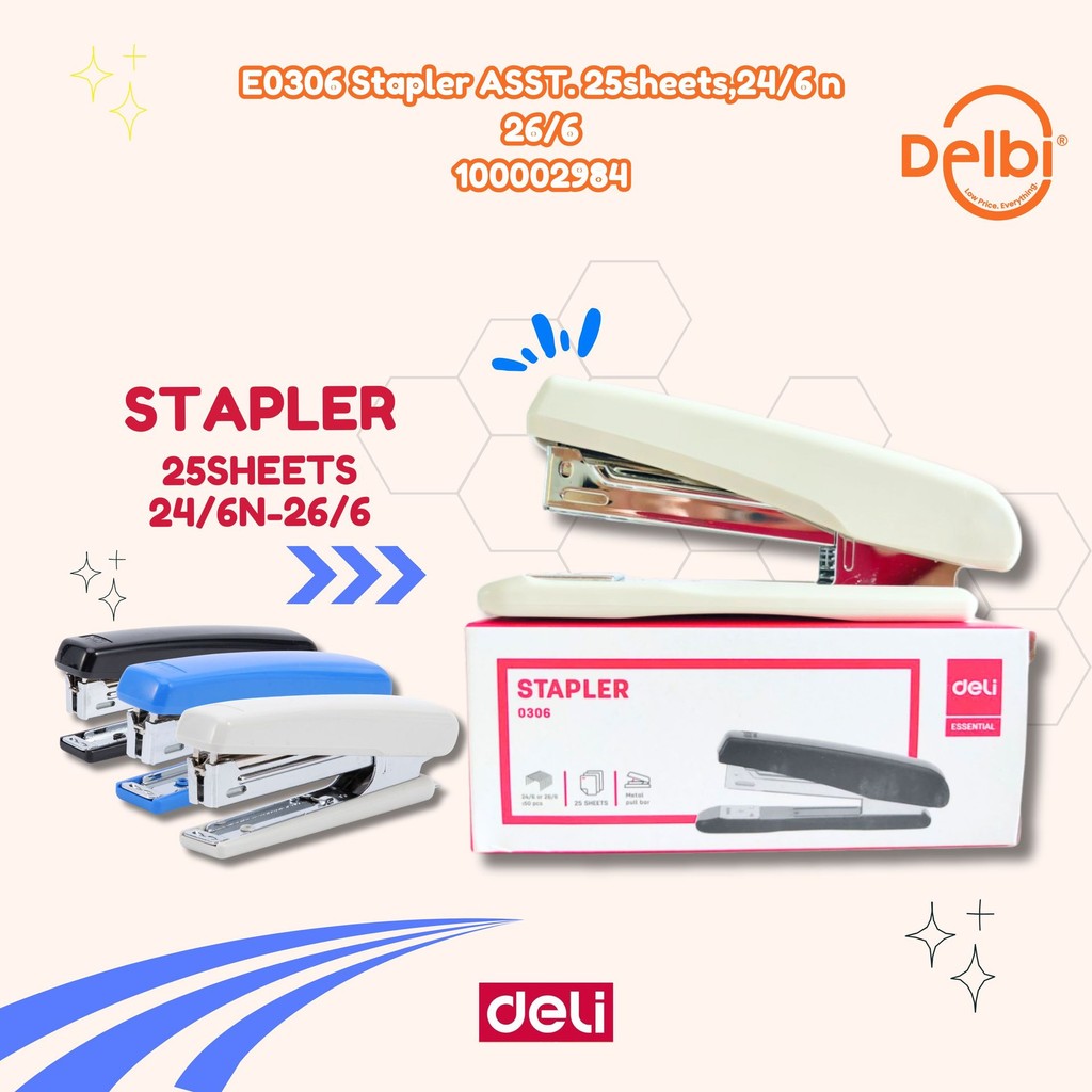 

STAPLER DELI STAPLES KECIL HD10 E0306 Stapler ASST. 25sheets,24/6 n 26/6
