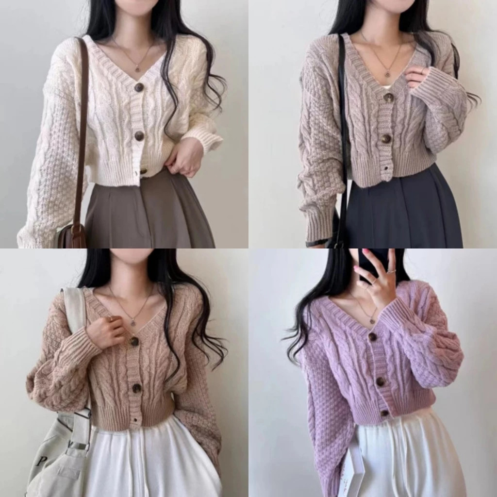 Kardigan Wanita Kardigan Pendek Gaya Korea Atasan Rajut Lengan Panjang Kerah V Retro untuk Wanita