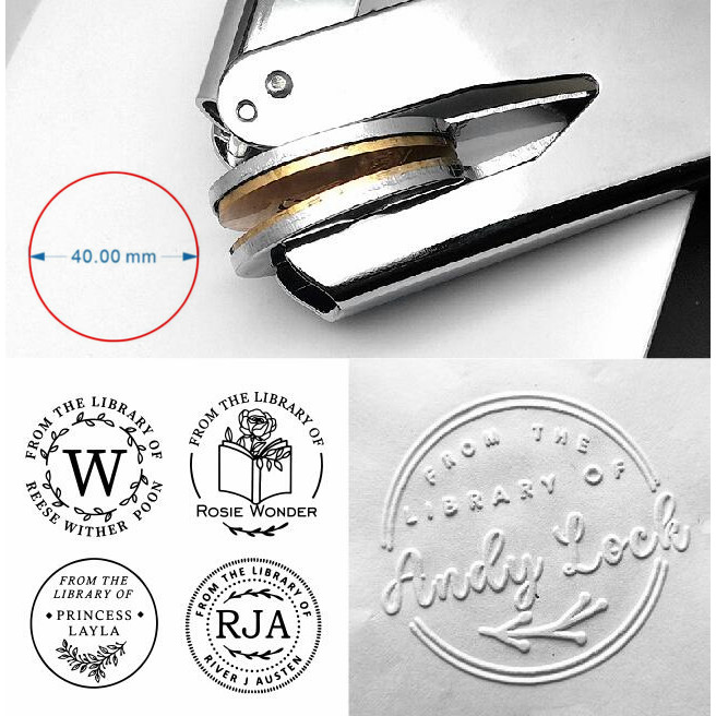 

embossed stamps from libraries, personalized books, logo embossing, wedding custom embossing, gifts for book lovers
