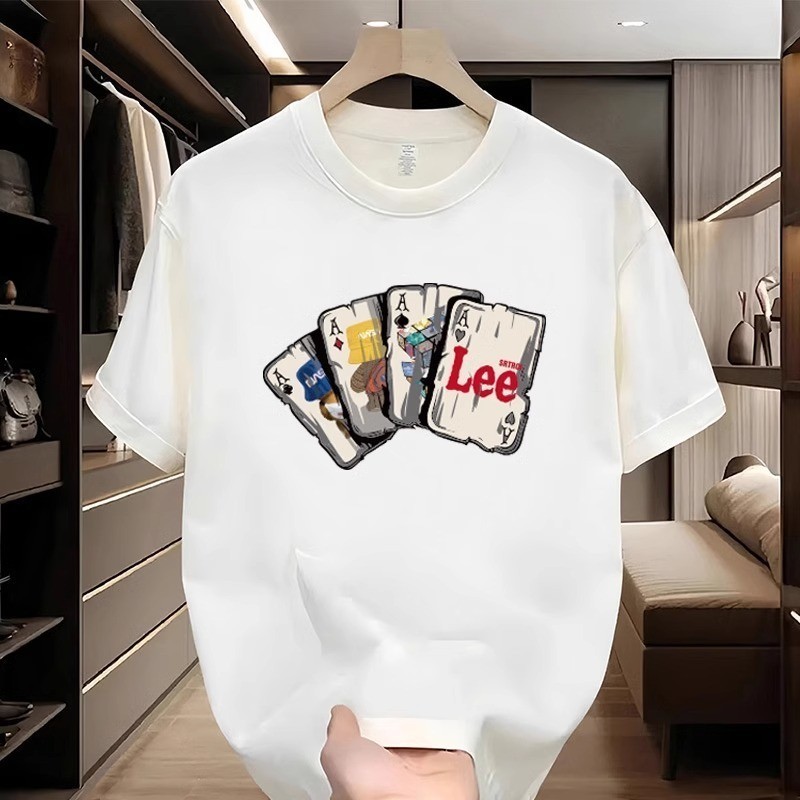 T-shirt Lengan Pendek Pria Kaus Lengan Pendek Kasual Berat Katun Trendi Longgar Bercetak Poker untuk