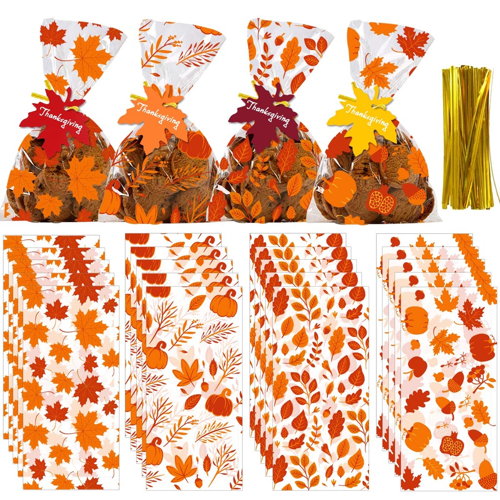 

100 PCS 4 Styles Fall Candy Treat Bags, Maple Leaves Gift Bags, Autumn Clear Cello Bags for Fall Autumn Thanksgiving Theme Party