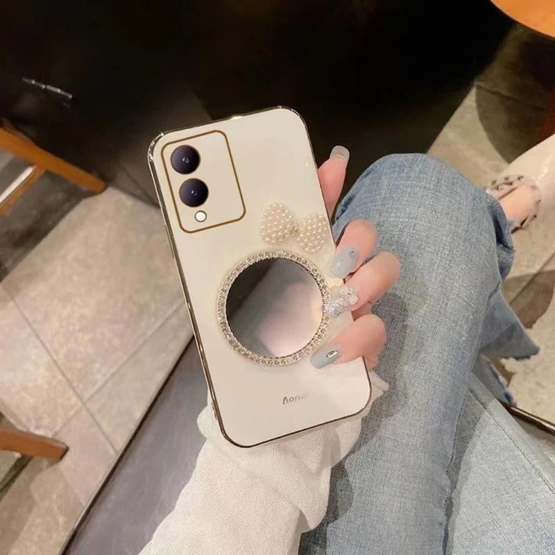 New Phone casing VIVO Y17s Back cover Cute soft Glitter Drill Bow Holder Stand Makeup Mirror Plating