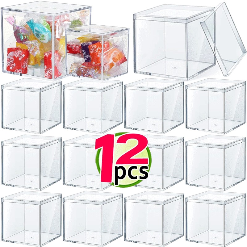 

1-12pcs Acrylic Boxes Transparent with Cover Square Packing Box Protection Showcase Dustproof Food Candy Storage Container