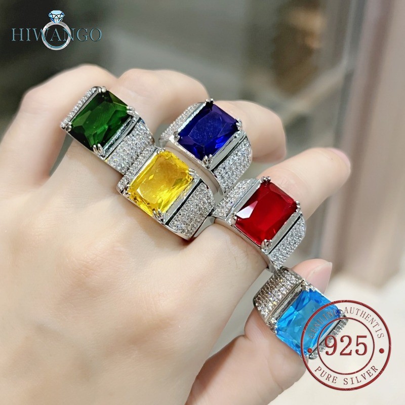 HIWANGO Cincin Pria Batu Permata Hijau 5A Zircon Bertatahkan Emas Putih Cincin Yang Dapat Disesuaika