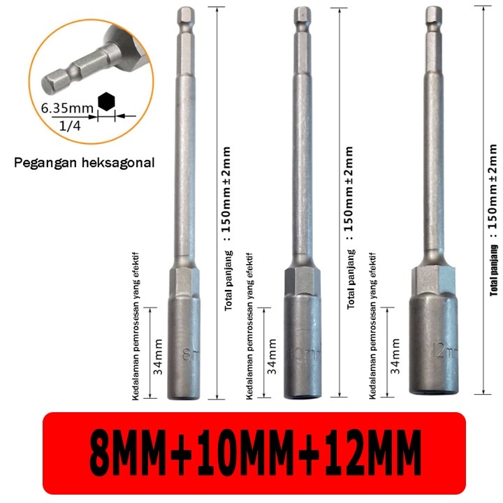 Kunci Sok Model Panjang Hex Bit 1/4 Inch x 8mm 10mm Long Extension Shok Sok 150mm Buka Bak CVT Motor