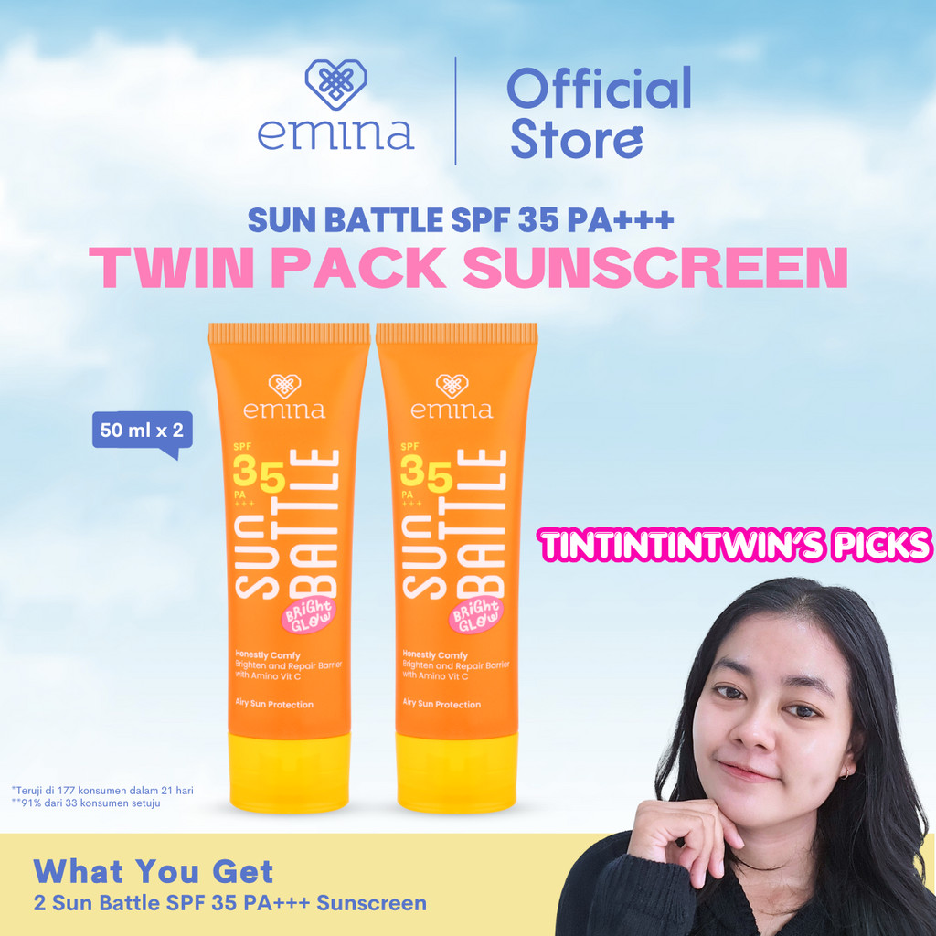 [TINTINTINWIN' PICK] [TWIN PACK] Emina Sun Battle Bright Glow SPF 35 PA+++ 50 ml 2pcs - Paket Dua Su