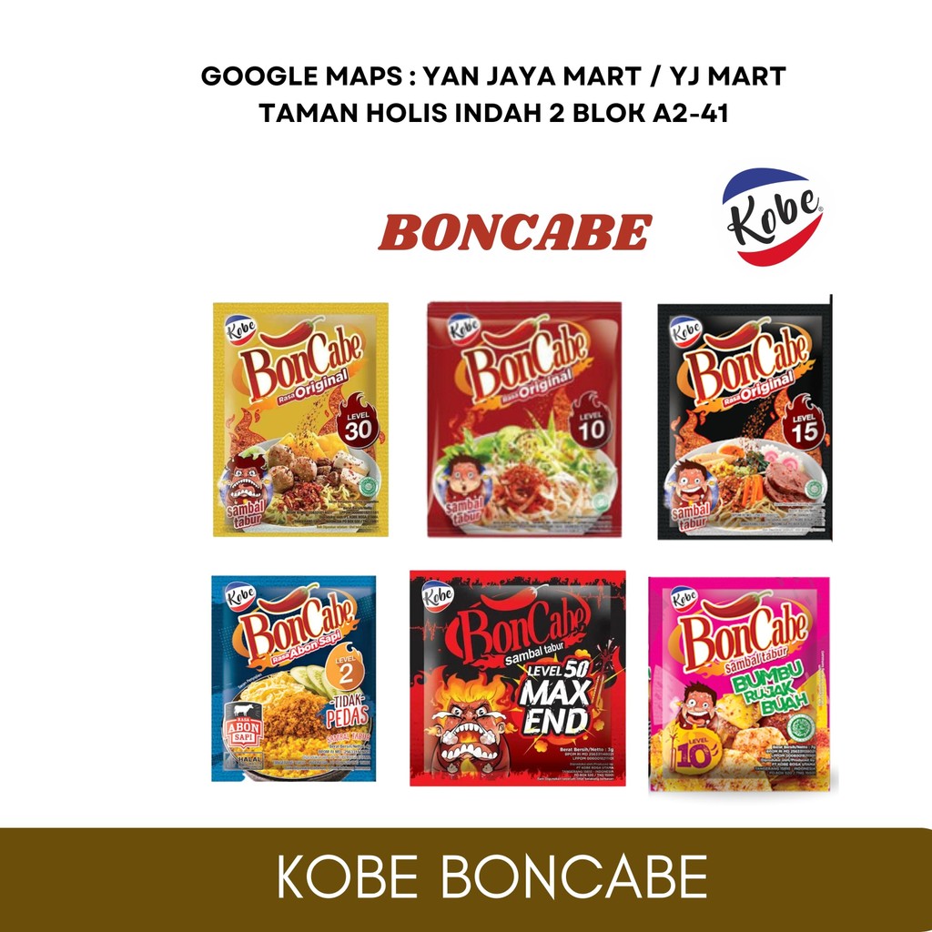

Kobe BonCabe Sambal Tabur Level 10 / Level 15 / Level 30 [5.5 g] Level 50 MAX END [4.5 g] / Abon Level 2 [4 g] / Rujak Level 10 [7 g] (1 RENCENG ISI 12 PCS)