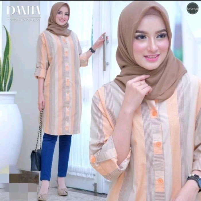 TUNIK KATUN SALUR TERBARU TUNIK GARIS SALUR WANITA LD 110 DAN LD 120 - peach 120
