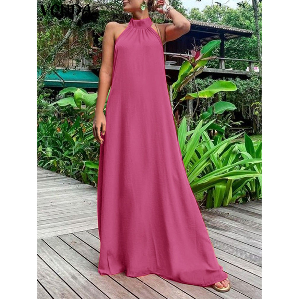 Summer Beach Sundress VONDA Women Sexy Halter Maxi Dress 2025 Solid Color Sleeveless Elegant Party L