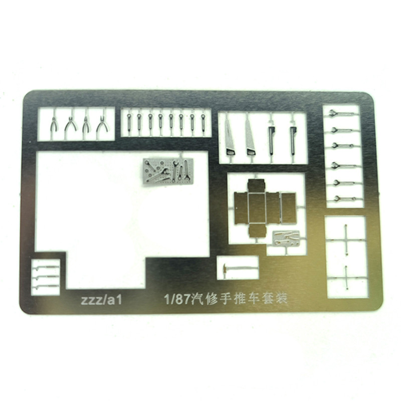 

1Set 1/87 Scale Etched Auto Repair Handcart Tools Metal Etching Sheet Miniature Model for DIY Simulation Garage Scene Decoration