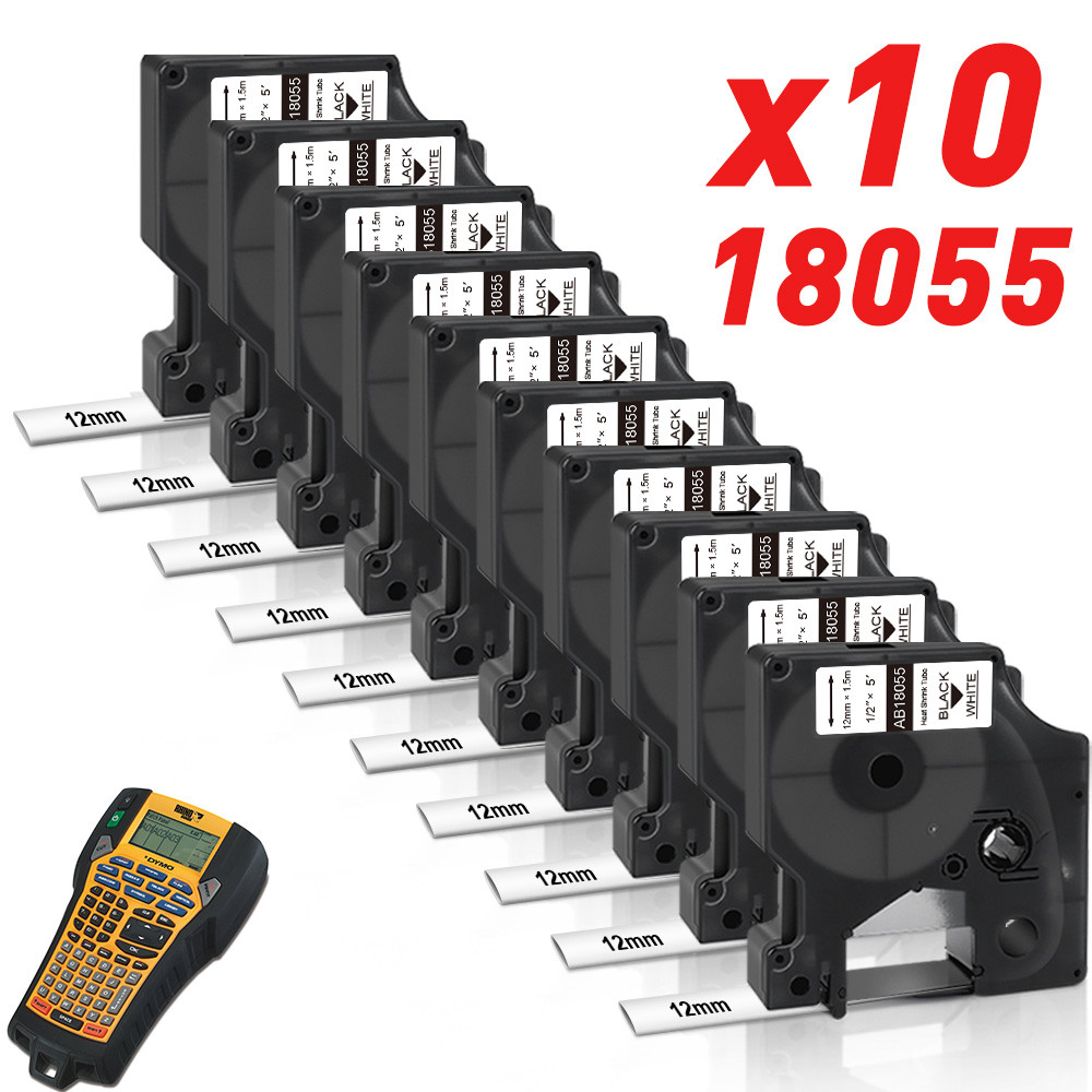 

10pcs 18055 for Dymo Rhino Heat Shrink Tube 12mm Label Tape Black on White for Rhino 1000 3000 4200 5000 5200 6000 Label Maker