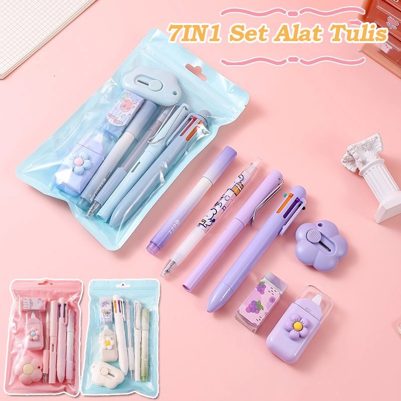 

7IN1 Set Alat Tulis School Gift Set Pulpen Stabilo Pengjapus Tip Komplit Cutter Hadiah Sekolah Anak Set Office Supplies