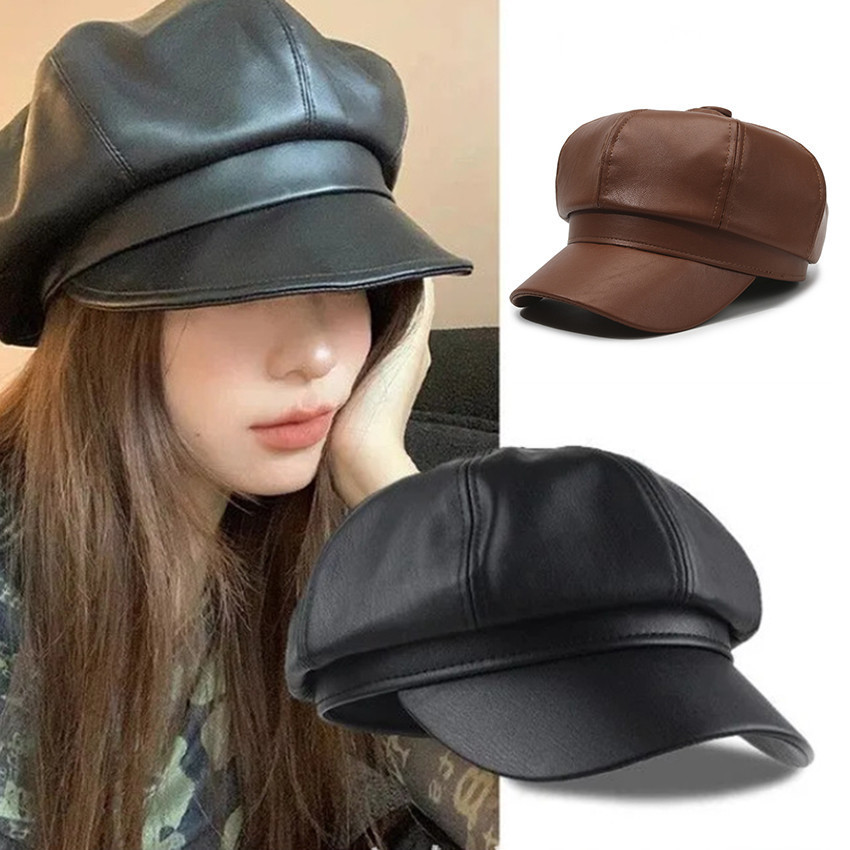 Topi Beret Kulit Pu Desain Octagonal Gaya Retro / Topi Kulit / Leather Hat / Baret Hat Cap Topi
