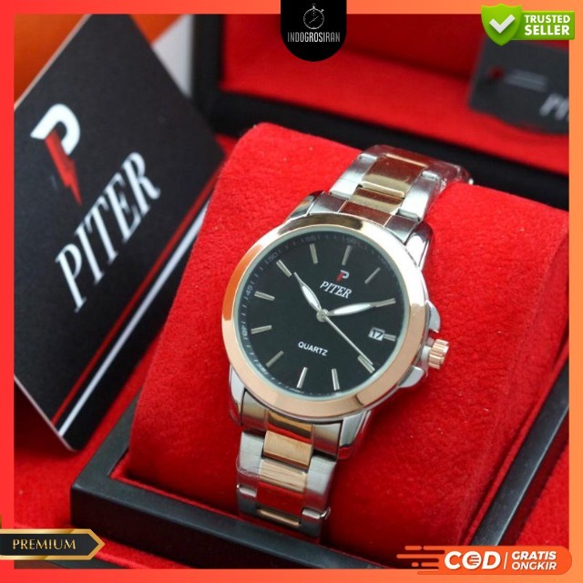 Best Seller - Jam Tangan Pria Piter 8920 PW Tanggal Aktif Rantai Steel Original