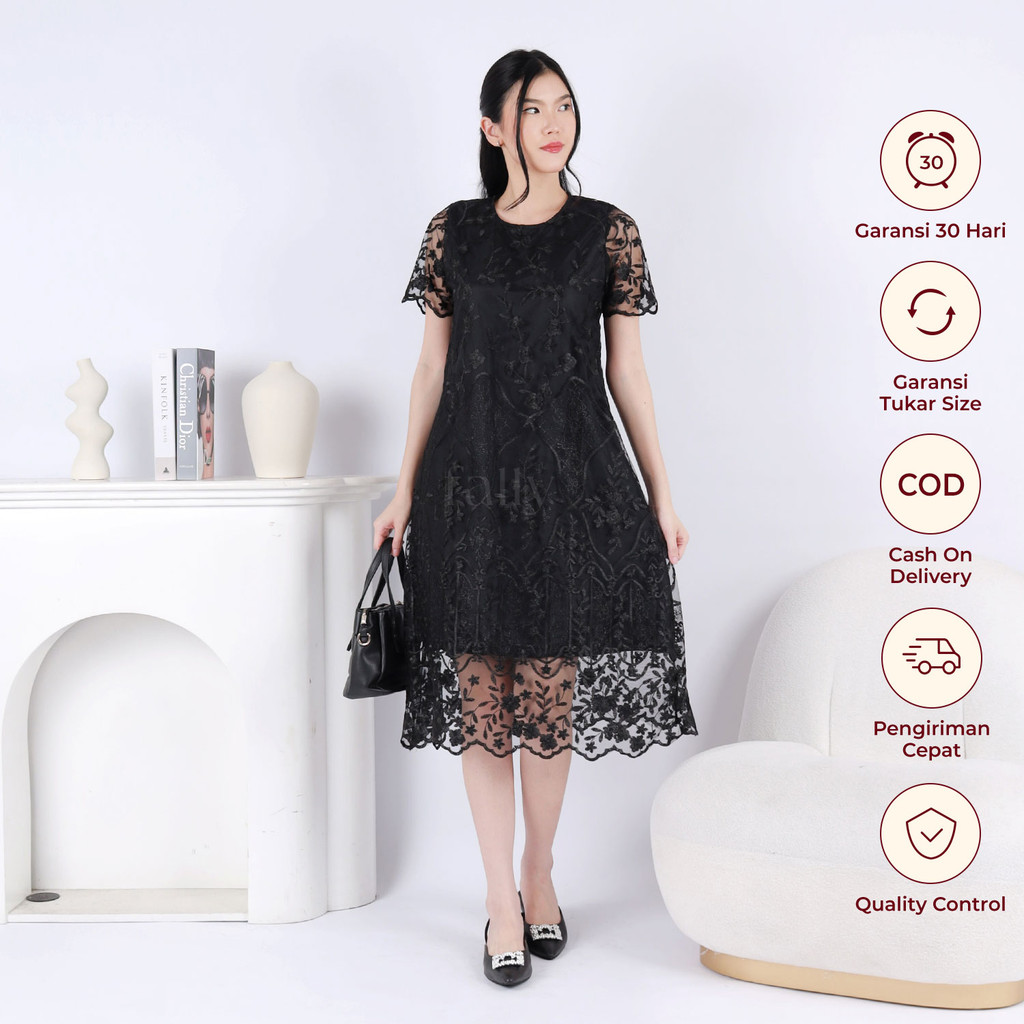 FALLY Cayra Dress Baju Pesta Baju Undangan Dress Brukat Midi Dress Wanita