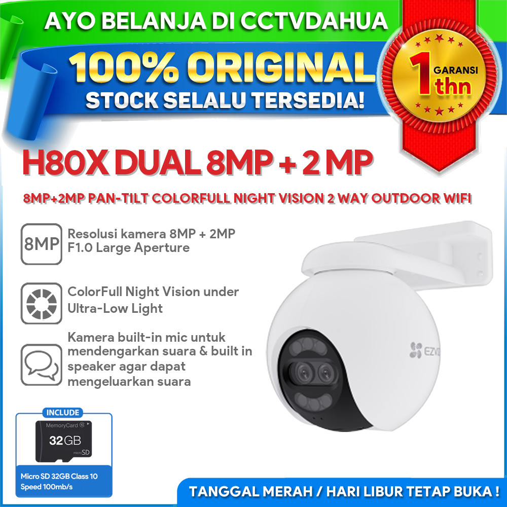 EZVIZ H80X-DUAL-10MP 8MP+2MP PAN-TILT COLORFULL NIGHT VISION 2 WAY OUTDOOR WIFI FREE MICRO SD 32GB