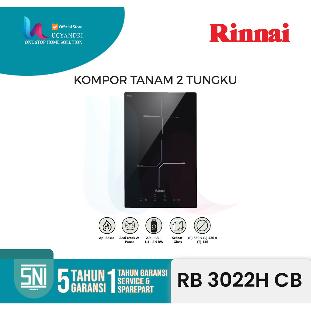 Kompor Tanam Listrik Rinnai RB3022 HCB | 2 Tungku Infrared | Hemat Listrik & Aman | Resmi
