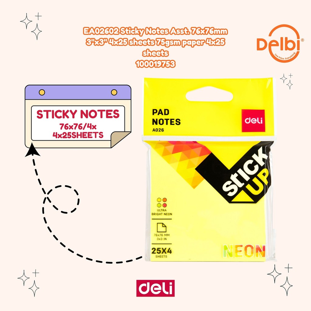 

Deli Sticky Note Neon A02602 76x76 Warna Tumpuk EA02602 Sticky Notes Asst. 76x76mm 3''x3'' 4x25 sheets 75gsm paper 4x25 sheets