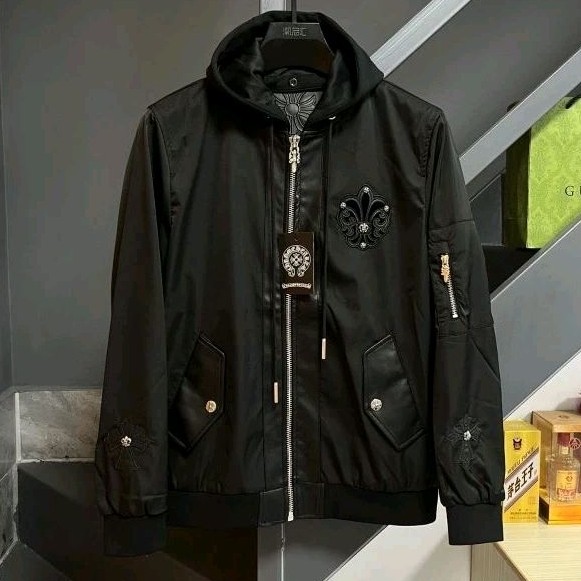 jaket pria bomber jacket hoodie cowok Chrome hearts hitam mewah jaket sleting zipper