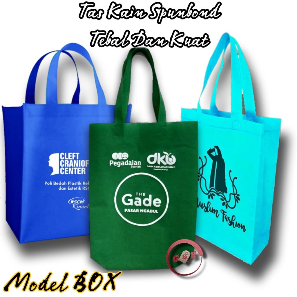 Cetak Nama Sablon Logo Tas Kain Spunbond Goodiebag Tote Bag Model Alas Kotak Kantong Hampers Sembako
