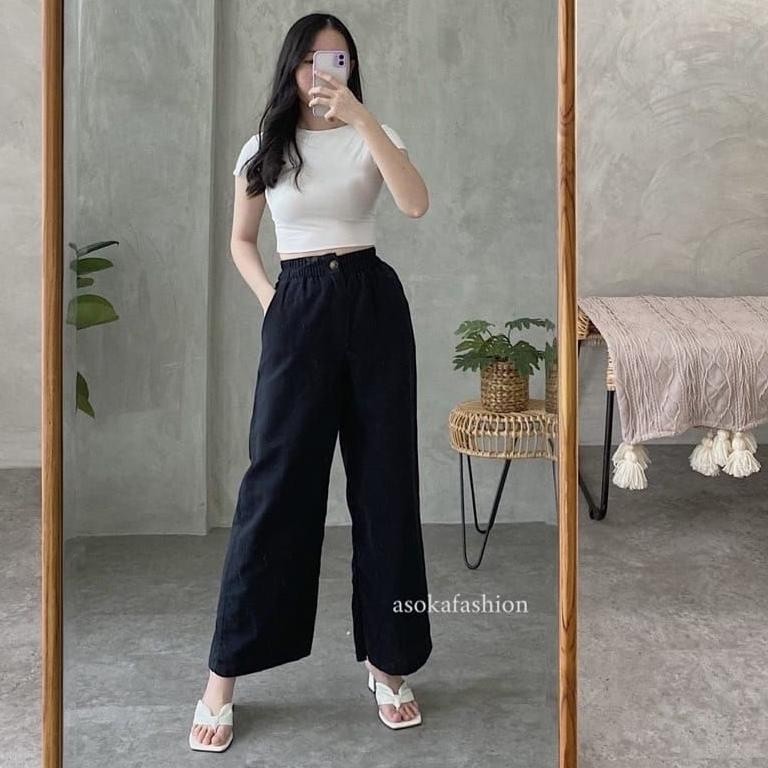 PROMO[CELANA KULOT LINEN KANCING TENGAH WANITA HIGHWAIST KEKINIAN BAHAN TEBAL[CELANA KULOT TERBARU[C