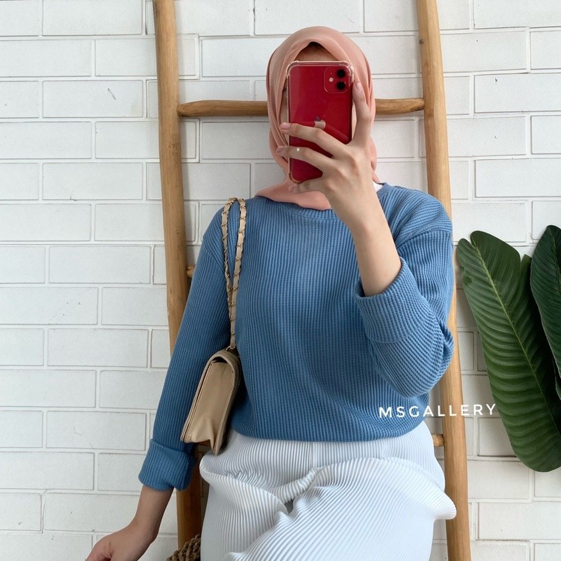 KAOS WAFFLE WAFER LENGAN PANJANG WANITA / BASIC CREWNECK POLOS SWEATSHIRT WAFFEL UNIQLO / Kaos Waffl