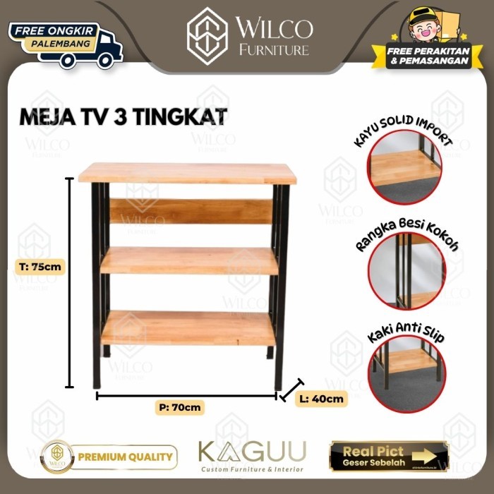 Rak TV Kayu 3 Tingkat CMF | Bufet TV Kayu Minimalis | Meja TV Kaki Besi