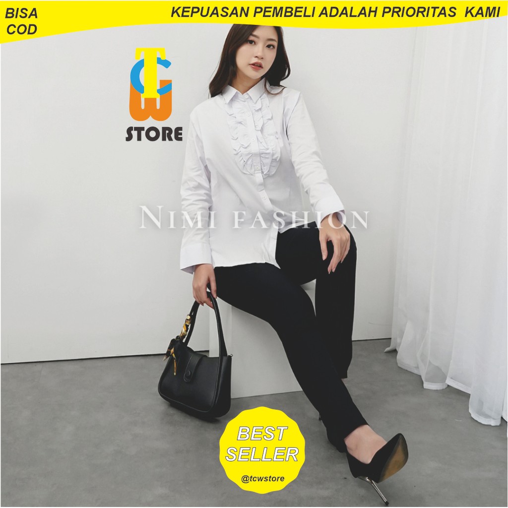 TCWSTORE - Kemeja Putih Wanita Rempel Dada Formal Lengan Panjang Baju Kerja Kantor Wanita