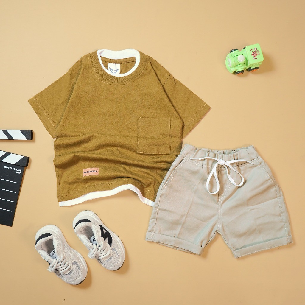BRAVEKIDS - SETELAN KAOS POCKET TWO LAYER POLOS DAN CELANA BROADSHORT COTTON COMBED 24S Fashion