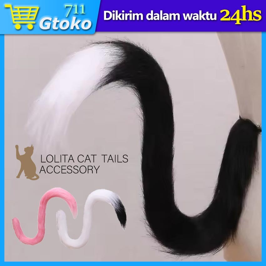 Ekor Kucing Cosplay Halloween Anak Dewasa Plush Cat Kitten Tali Warna Hitam Putih Pink