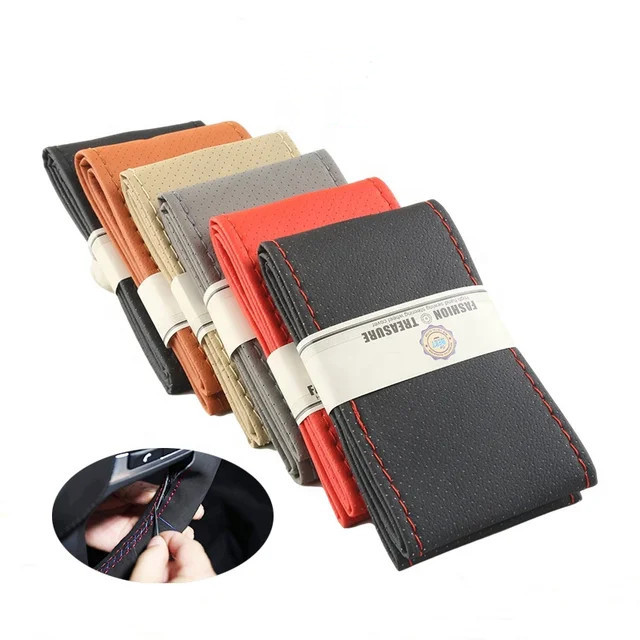 Terlaris -Cover Stir mobil / Sarung Stir Mobil Bahan Kulit dengan Benang Jahit - Hitam 38 CM